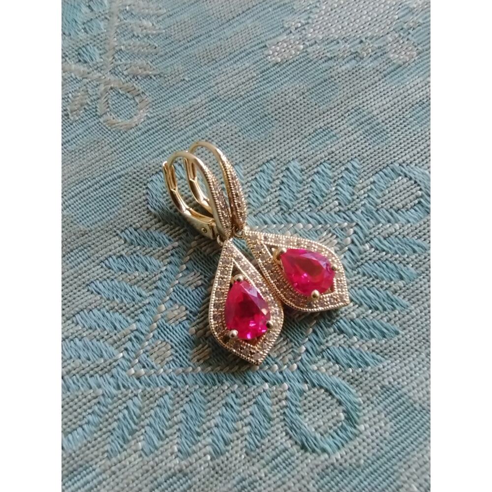 Tear Drop 14K Gold Plate Lab-Created Ruby & Diamond Halo Dangle Pierced Earrings